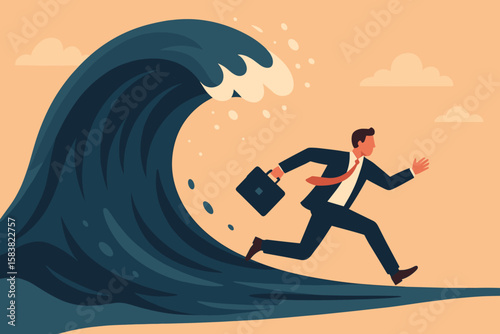 Businessman escaping a giant tsunami wave, a metaphor for business crisis. Concept of risk, adversity, challenge to survive, and running from danger and recession.