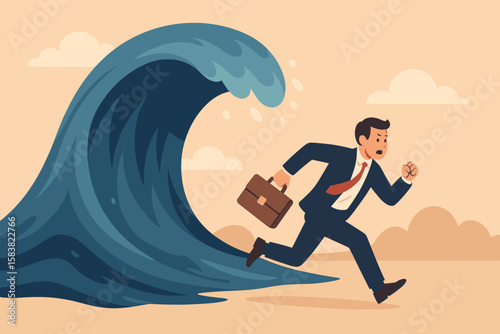 Escape from business crisis and recession metaphor. Businessman running away from a giant tsunami wave. Concept for risk, adversity, challenge, survival, danger, and pressure.
