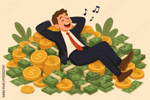 Wealthy Businessman Relaxing on Money, Financial Independence, Investment Success, FIRE, Happy Entrepreneur Enjoying Profits, Rich Man Lying on Cash and Gold, Prosperity Concept Illustration