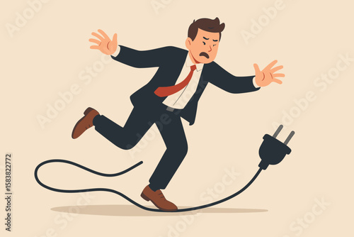 Business failure or mistake metaphor. Clumsy businessman stumbles on a power cable. Concept for accident, surprise problem, or crisis that impacts a company's success.