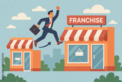 Businessman jumps from small shop to a big franchise store. Business growth opportunity, expansion, and success. Concept of franchising, investment, and retail development.