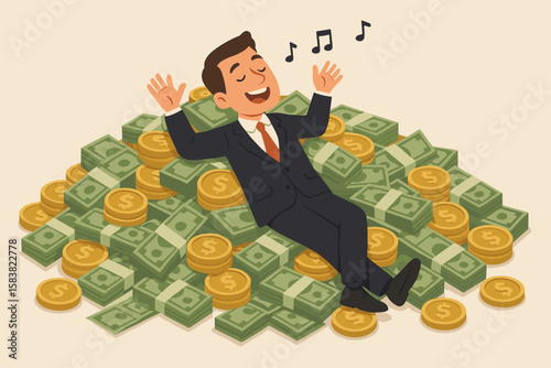 Wealthy Businessman Enjoying Financial Success, Investment Profit, FIRE, Financial Independence, Retire Early, Happy Entrepreneur Relaxing on Money, Singing, Rich Lifestyle Concept