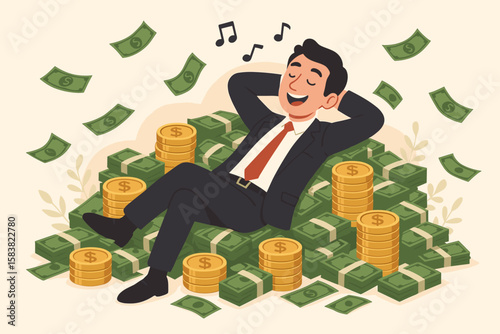 Wealthy Businessman Relaxing on Money, Financial Independence, Investment Success, FIRE, Happy Entrepreneur Enjoying Profits, Rich Man Surrounded by Cash and Coins, Singing, Prosperity Concept