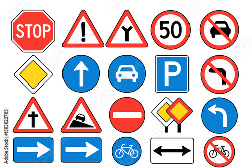 Comprehensive Road Traffic Signs Vector Set. Stop, Yield, Speed Limit, No Entry, Parking, Directional, Warning, Prohibition, Priority, Bicycle, Car, Turn, Intersection, Urban Street Symbols Collection
