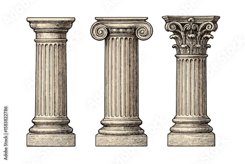 Set of classical architectural columns. Doric, Ionic, Corinthian orders. Ancient Greek Roman antique architecture element. Engraving sketch style vector illustration.