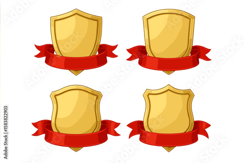 Golden Shield Badge Set with Red Ribbon Banner, Blank Award Emblem, Heraldic Crest, Vector Illustration, Isolated Transparent Background, Security Symbol, Achievement Trophy, Blank Label Design