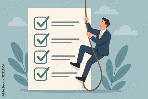 Businessman Climbing Rope to Success, Completing Checklist, Productivity and Task Management, Achievement, Survey Form, To-Do List, Work Completion, Success Plan, Motivation Concept
