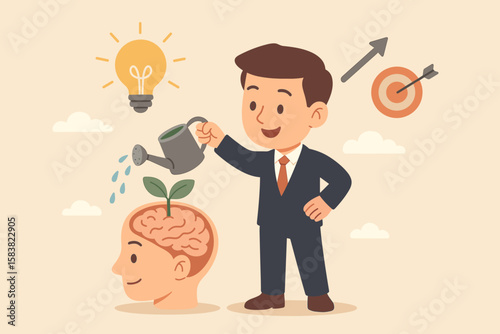 Businessman Watering Brain Growth, Growth Mindset, Positive Attitude, Learning Motivation, Success Improvement, Achieving Goals, Personal Development, Knowledge Nurturing, Concept Illustration