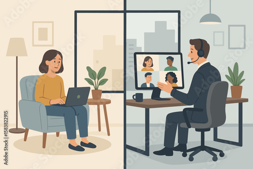 Remote and Office Hybrid Work Model, Employee Choice for Flexible Workplace, Productivity, Virtual Meeting, Home Office, Businessman Video Conference, Modern Collaboration, Work-Life Balance