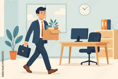 Businessman Starting New Job, Onboarding New Employee, Entering Modern Office with Box and Briefcase, Career Change, Employment Opportunity, Recruitment, Professional Workplace Concept