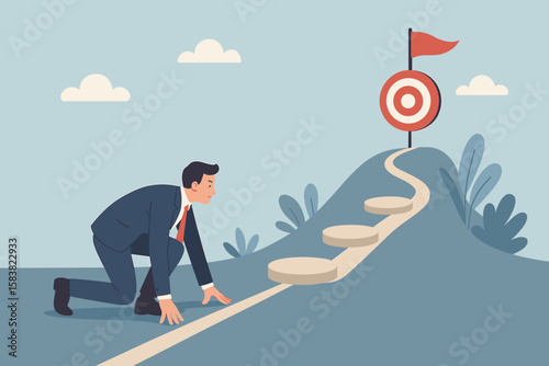 Businessman Starting New Journey Toward Success, Career Milestones, Achievement, Overcoming Challenges, Entrepreneurship, Reaching Goals, Target Concept, Motivation, Professional Growth