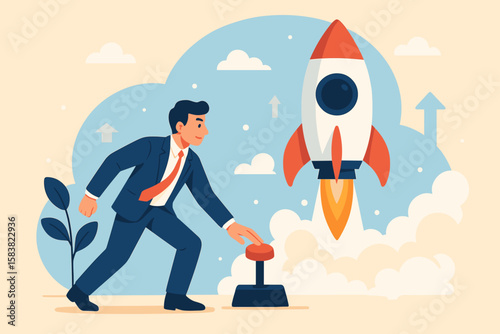 Ambitious Businessman Launches Startup Project, Presses Button to Boost Company Growth, Rocket Success, Entrepreneur Innovation, New Business Venture, Motivation, Achievement Concept