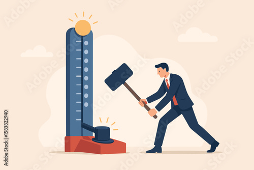 Businessman Hitting Strength Tester for KPI Performance Evaluation, Success Measurement, Achievement, Motivation, Winning Score, Business Goal Concept, Corporate Challenge, Leadership Metaphor