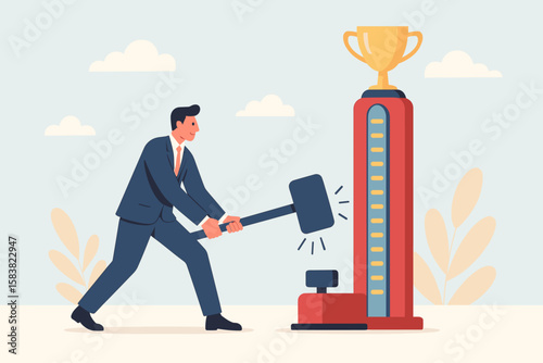 Businessman Using Strength Tester for Performance Evaluation, KPI Success Measurement, Achievement and Winning Score Concept, Corporate Motivation and Goal Setting Illustration