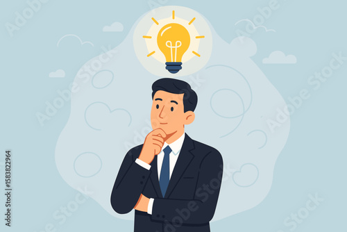 Business Innovation and Creative Problem Solving Concept—Imaginative Businessman Brainstorming Ideas, Light Bulb Inspiration, Solution Generation, Corporate Success, Strategic Thinking Illustration