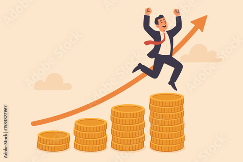Success Investing and Growing Wealth Concept, Financial Growth from Pension or Mutual Fund, Stock Market Returns, Money and Financial Success, Rich Businessman Jumping High on Increasing Coin Stacks