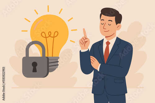 Intellectual Property Protection Concept, Businessman with Locked Light Bulb Idea, Patent, Copyright, Trademark, No Copy, Innovation Security, Legal Rights, Business Ownership, Creative Invention