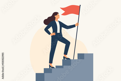 Ambitious Female Entrepreneur Achieving Success, Leadership, and Career Growth—Confident Businesswoman on Top of Stairs Holding Red Flag, Overcoming Challenges, Professional Achievement Concept