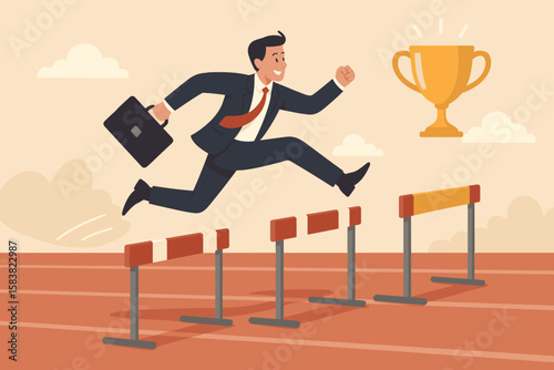 Success in Business Competition, Overcoming Obstacles, Motivation to Solve Problems, Leadership and Company Achievement Concept, Confident Businessman Leader Jumping High