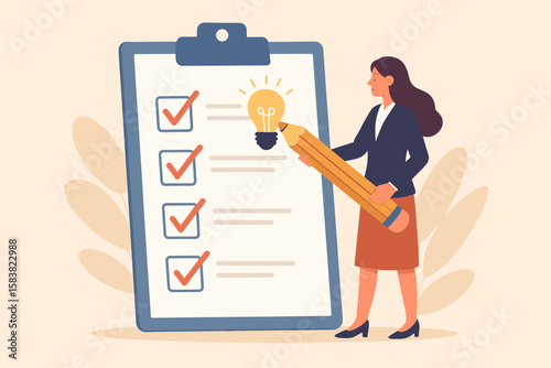 Businesswoman completing survey checklist on clipboard, feedback form evaluation, questionnaire assessment review with checkbox marks, customer opinion and data collection concept