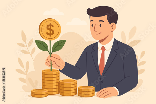 Businessman Investor Growing Wealth, Investment Growth, Financial Prosperity, Earning More Money from Savings, Mutual Funds, Profit Opportunity, Stacks of Coins, Money Plant Concept