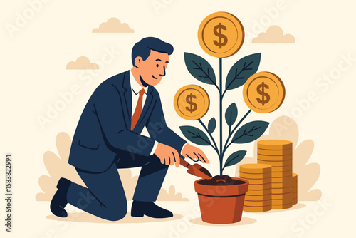 Businessman Investor Planting Money Tree, Growing Wealth, Investment Asset, Pension Fund, Retirement Savings, Financial Growth, Profit, Stock Market, Economic Success, Metaphor Illustration