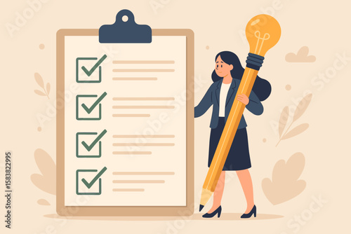 Businesswoman Completing Survey with Checklist on Clipboard, Feedback and Opinion Form, Questionnaire Evaluation, Assessment Review with Checkboxes Concept