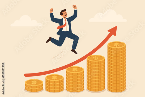 Success Investing and Growing Wealth: Financial Growth from Pension, Mutual Funds, Stock Market Returns, and Money Management Concept with Rich Businessman Jumping High on Increasing Coin Stacks
