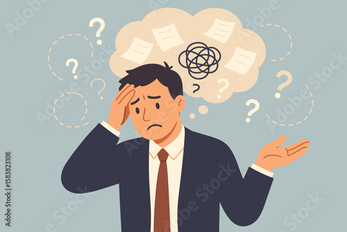 Confused Businessman Suffering Memory Loss, Forgetting Tasks, Cognitive Decline, Dementia, Mental Health Problem, Stress, Brain Fog, Confusion, Workplace Trouble, Abstract Concept Illustration