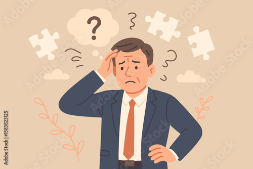 Memory Loss and Cognitive Decline Concept, Forgetfulness and Dementia Illustration, Confused Businessman Struggling with Brain Problems and Mental Confusion, Cognitive Illness Awareness