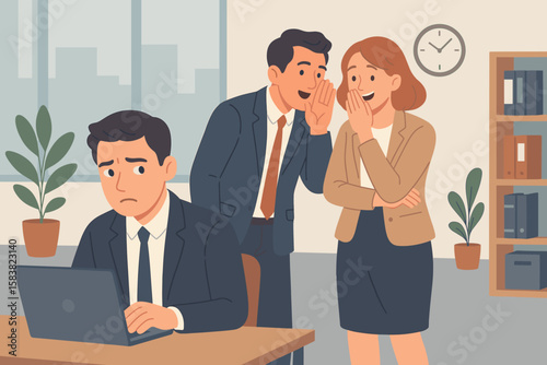Office Gossip, Workplace Bullying, Rumor Spreading, Negative Communication, Business Colleagues Whispering, Unprofessional Behavior, Corporate Chatter, Toxic Work Environment, Employee Stress