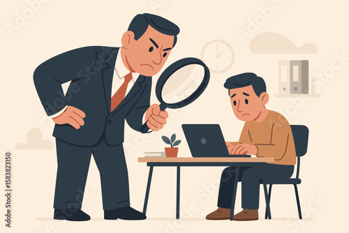 Micromanaging boss supervising employee, toxic manager monitoring every detail, excessive control and supervision, micromanager using magnifying glass, workplace stress, office authority concept