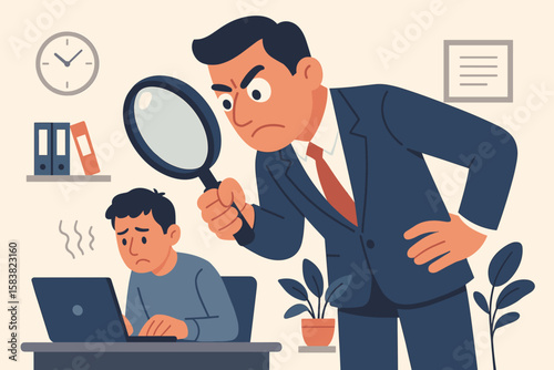 Micromanaging Boss Excessive Supervision Vector – Toxic Manager Monitoring Employee Work, Workplace Control, Stressful Office Environment, Micromanager Using Magnifying Glass, Employee Under Pressure
