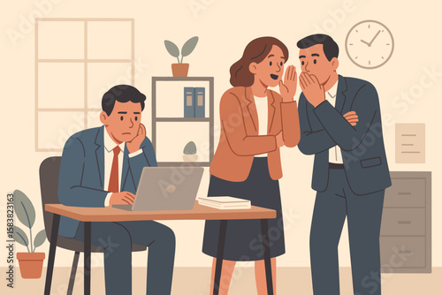 Office Gossip and Workplace Bullying Concept – Business Colleagues Whispering, Spreading Rumors, Sharing Wrong Information, Chatter, Rudeness, Negative Communication in Corporate Environment