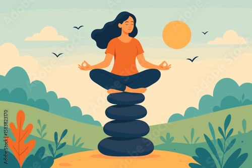 Serene Woman Meditating Outdoors for Mindfulness and Work-Life Balance, Yoga for Mental Health, Relaxation, Freedom, Peace, Solitude, Wellness, Nature, Calm, Stress Relief, Self-Care