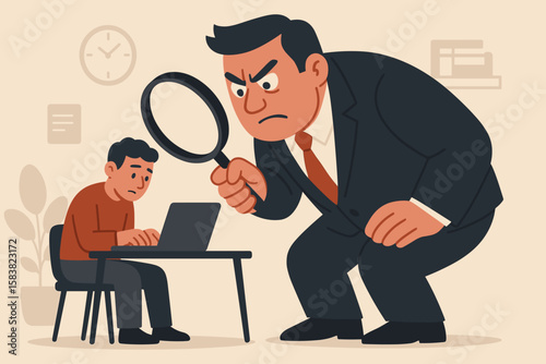 Micromanaging Boss Excessive Supervision Toxic Workplace Concept—Manager Monitoring Employee Work with Magnifying Glass, Control, Stress, Overbearing Leadership, Office Surveillance, Employee Pressure