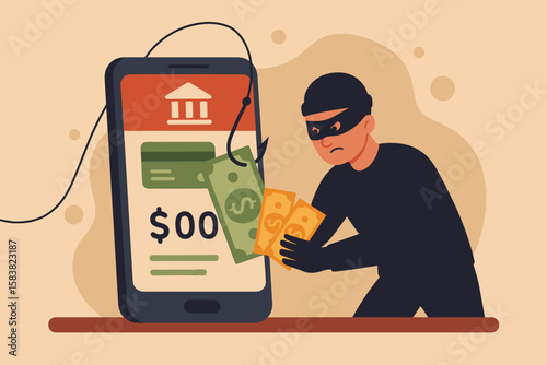 Cybercrime Mobile Banking Scam, Phishing Attack, Online Fraud, Hacker Stealing Money from Smartphone Banking App, Digital Financial Security Threat, Internet Crime Concept Illustration
