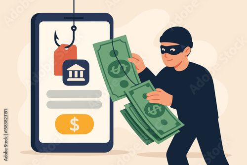 Mobile banking scam, online fraud, phishing bait website, cyber thief stealing money from smartphone banking app, financial crime, digital security breach, hacker with cash, internet theft concept