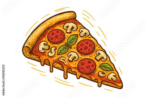 Hand Drawn Pizza Slice Vector Illustration with Melting Cheese, Pepperoni, Mushrooms, Basil Leaves, and Thick Crust on White Background, Colorful Food Sketch for Italian Cuisine Design