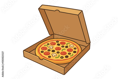 Realistic Vector Illustration of Fresh Pizza with Pepperoni, Mushrooms, Olives, and Peppers in Open Cardboard Delivery Box on White Background for Food Delivery and Takeout Concepts