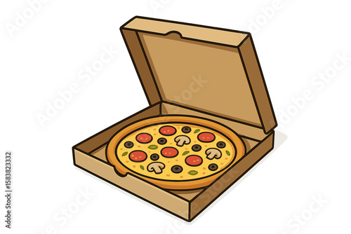 Realistic Vector Illustration of Fresh Pizza with Pepperoni, Mushrooms, Olives, and Cheese in Open Cardboard Delivery Box on White Background for Food Delivery and Takeout Concepts