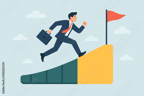 Ambitious Businessman Running Toward Success, Career Growth, Achievement, Business Progress, Goal Accomplishment, Professional Challenge, Motivation, Improvement, Leadership Concept
