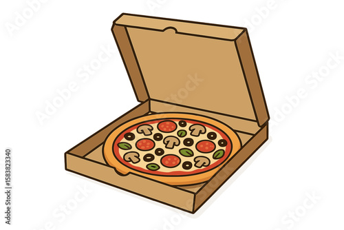 Freshly Baked Pizza in Open Cardboard Delivery Box, Vector Illustration, Tasty Italian Fast Food, Pepperoni, Mushrooms, Olives, Green Leaves, Takeout Meal, Isolated on White Background