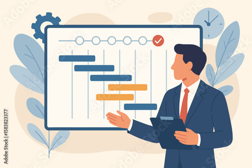 Business Project Timeline and Schedule Planning, Resource Management, Task Workflow, Development Plan, Product Launch Deadline, Businessman Project Manager, Corporate Strategy