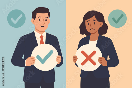Business People Holding Pros and Cons Signs, Yes or No Decision Making, Positive vs Negative Comparison, Do and Don’t Advice, Good or Bad Idea Concept, Professional Office Illustration