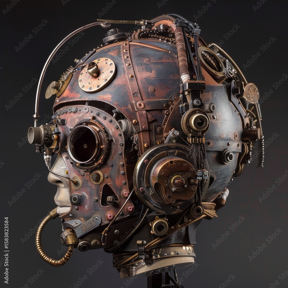 Fototapeta premium The helmet is adorned with various intricate components, including circular elements and mechanical details, giving it a robust, industrial appearance