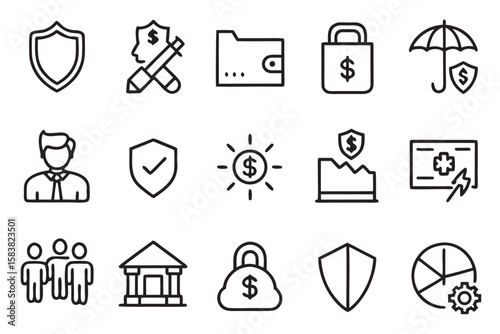 Set of 24 minimalist line icons related to finance and security collection