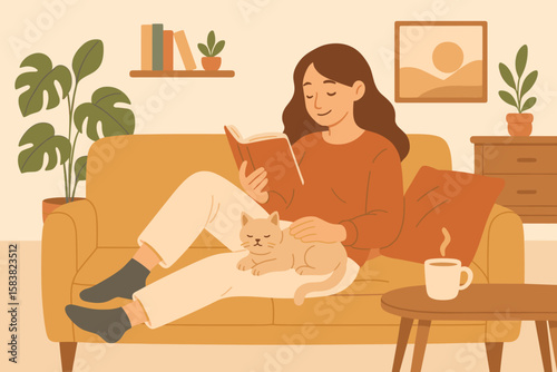 Young Woman Relaxing at Home Reading Book with Cat, Cozy Living Room, Calm Lifestyle, Self-Care, Positive Emotions, Stress Relief, Tranquil Wellbeing, Comfortable Leisure, Modern Interior
