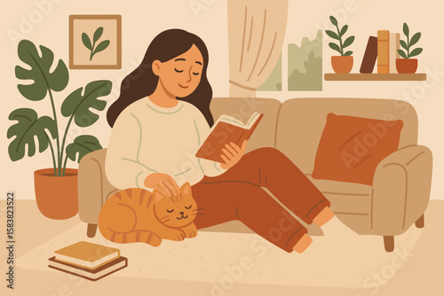 Cozy Home Relaxation, Calm Lifestyle, Young Woman Reading Book with Cat, Comfortable Living Room, Positive Emotions, Stress Relief, Tranquil Wellbeing, Leisure Time, Indoor Comfort, Mindful Self-Care