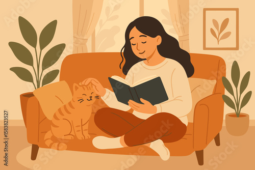 Serene Home Relaxation, Cozy Lifestyle, Young Woman Reading Book with Cat, Calm Wellbeing, Positive Emotions, Stress Relief, Tranquil Living Room, Indoor Leisure, Mindful Self-Care, Peaceful Comfort